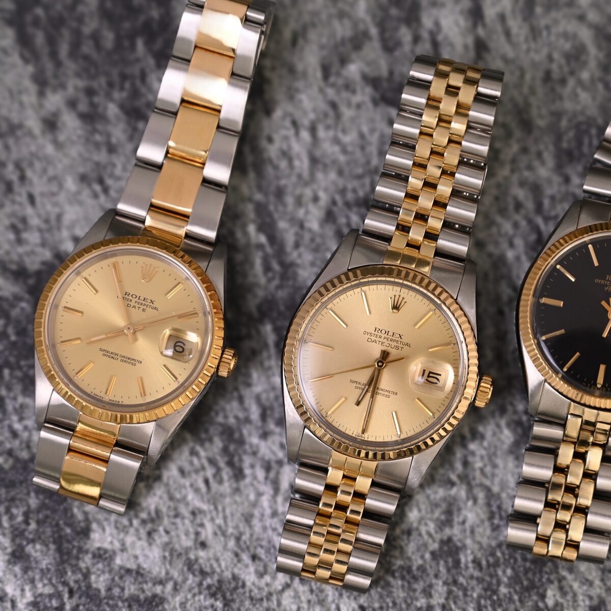 Drei Rolex Datejust in Stahl und Gold mit champagnerfarbenem Zifferblatt Drei Rolex Datejust in Stahl und Gold mit champagnerfarbenem Zifferblatt