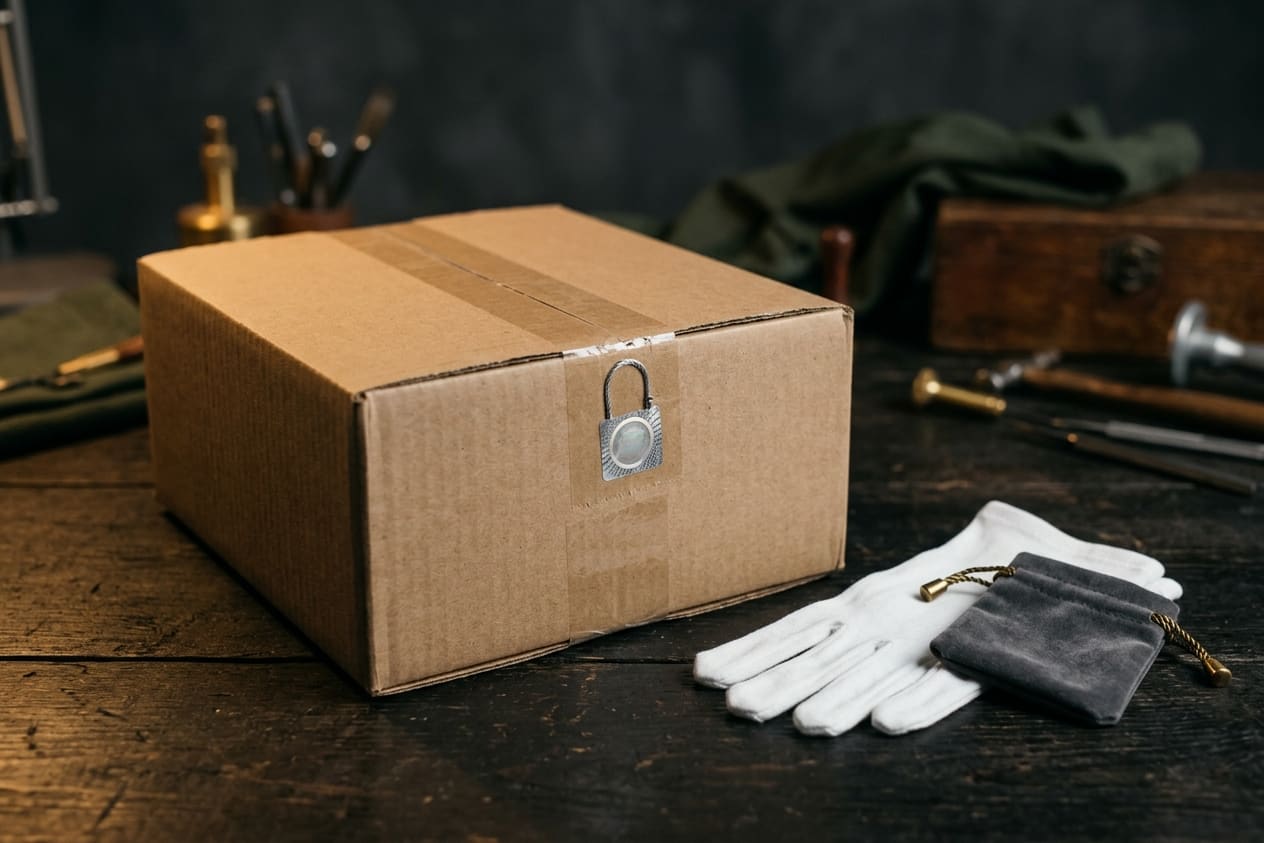 Neutraler Versandkarton mit Siegel, daneben weiße Handschuhe und ein Samtbeutel